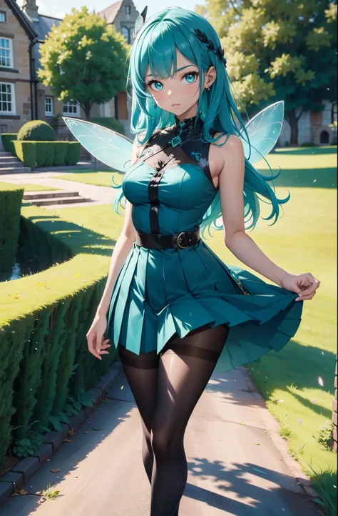 (Best quality), (masterpiece), (ultra detail), A cute human girl with fairy wings, highly detailed face, indifferent facial expression, teal crystal eyes, turquoise hair, full body, in the country side castle in England like , BREAK (black tights), (one pi...