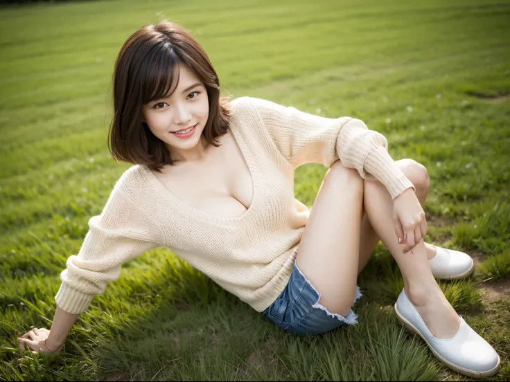 beautiful a girl，18year old，（Solo：1.2），Sweaters，（Delicate sweater details：1.4），closeup cleavage，realisticlying，（Advanced lighting effects：1.2），（full body Esbian：1.4），shortpants，White cloth shoes，standing on your feet， short detailed hair， Photorealsitic， p...