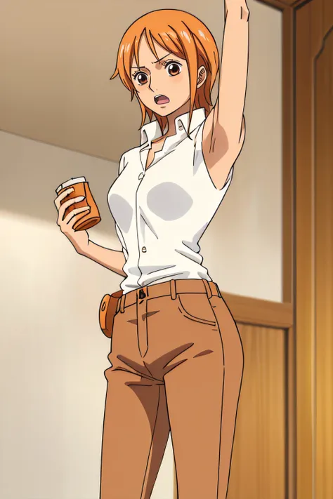 namiFin, , Sin pantalones, 1girl, solamente, camisa, colas gemelas, brown eyes, Camisa blanca, cabello naranja, Colas gemelas cortas, Mangas dobladas, armpits, blushed