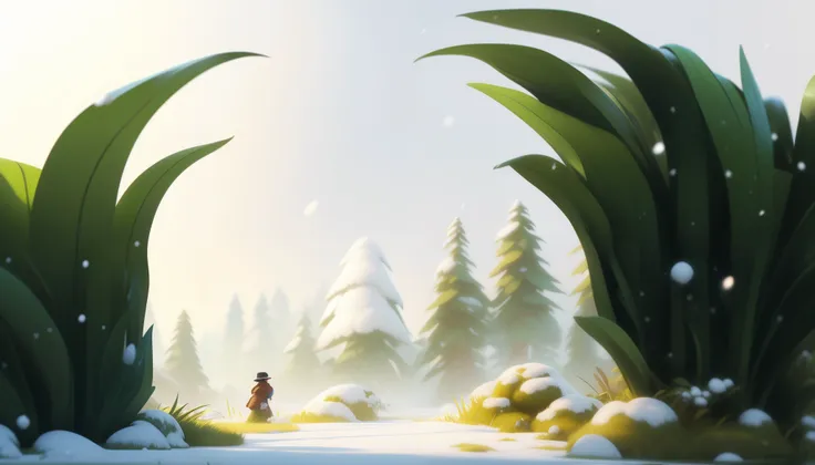 snow landscape，snowflower，nevando，green leaves in snow，huge leaves，by pixar，microcosm