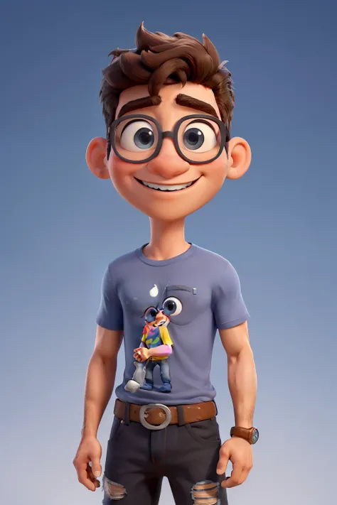 Obra prima de alta qualidade, Personagem jovem de 38 anos da pixar, moreno, careca, alto, corpo normal, olhos castanhos escuros, oculos azul claro, barba pequena, black t-shirt and ripped jeans, segurando celular andando no shopping