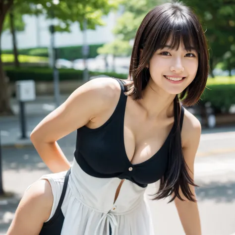 on the street,Beautiful woman,((solo)),Japanese,swept bangs,bob hair,Black hair,take a close-up face,sleeveless shirt,hot pants,god smile,Shy smile,Smooth skin,beautiful cleavage,park it,natural soft light,NSFW,masterpiece,best quality,ultra detailed