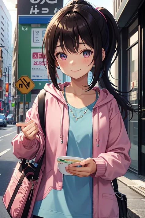 (masterpiece:1.6, best quality), (finely detailed beautiful eyes: 1.2), ph_katou, katouhdshort, 1girl, katoush , solo, closed eyes, smile, ponytail, shirt, jacket, collarbone, open clothes, black hair, long hair, bangs, hoodie, brown hair, closed mouth, st...