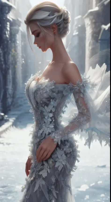 in a cinematic style, envision disney's frozen elsa as a beautiful model donned in a modern, medium sheer, and medium short dres...