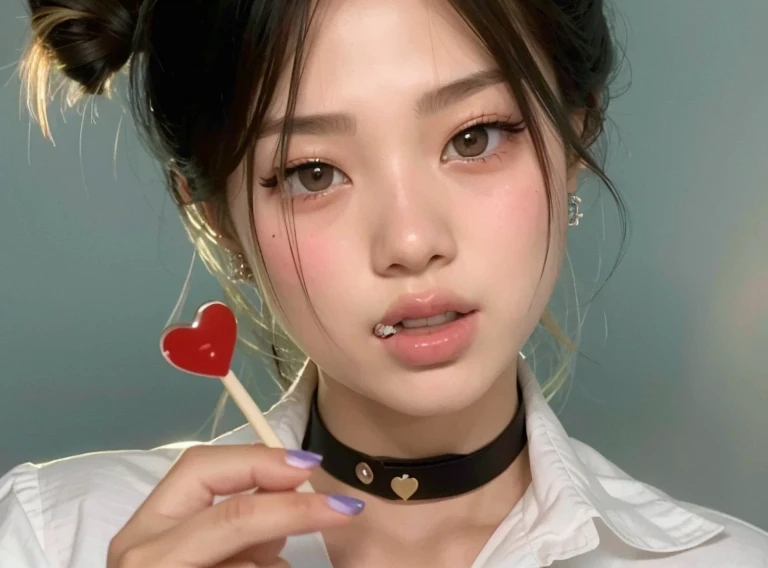 there is a woman with a heart-shaped lollipop in her mouth, maquiagem sul-coreana popular, maquiagem coreana popular, cruel korean goth girl, Ulzzang, wan adorable korean face, menina coreana, jennie blackpink, small heart - shaped face, young adorable kor...