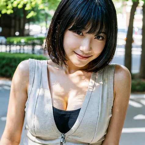 on the street,Beautiful woman,((solo)),Japanese,swept bangs,bob hair,Black hair,take a close-up face,sleeveless shirt,hot pants,god smile,Shy smile,Smooth skin,beautiful cleavage,park it,natural soft light,NSFW,masterpiece,best quality,ultra detailed