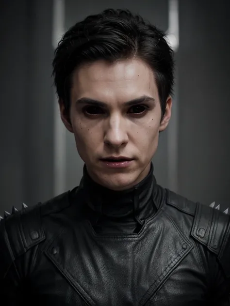 male, alien, upper body, guardians of the Galaxy, solo, black hair spiky,  black eyes, solid black whites of eyes, red leather old clothes, ((photo)), 8k, sharp cheekbones, sharp chin, long thin nose, sharp teeth, thin lips, irritation, sallow facial skin,...