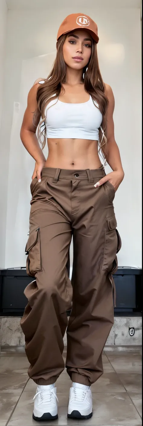 a close-up of a person wearing a hat and pants, brown pants, wearing only pants, baggy pants, wearing cargo pants, hand on hips, wearing pants, vestindo um baggy, cargo pants, Pants, 2 Modelo feminina de 4 anos, perto de um magro, cintura - tiro, aparar, t...