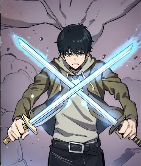 a close up of a person holding two swords in their hands, cel anime sombreado, Epic anime style, anime afiado de alta qualidade, este personagem tem criocinese, Okata Kazuto., wielding twin swords, Hijikata Toushirou de Gintama, Gatilho Estilo de Arte de A...