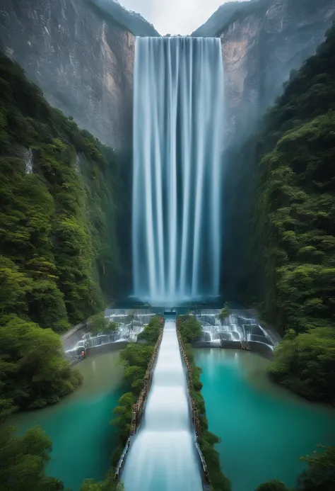 huge water curtain、Huge water curtains on both sides、symmetrical water curtain、600,000 people walk between the water curtains