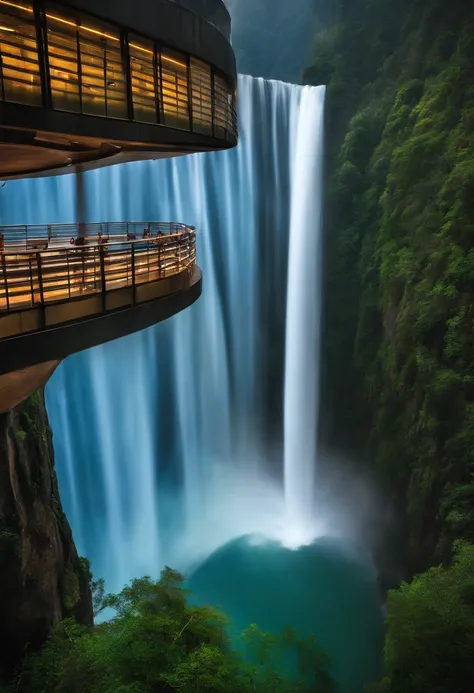 huge water curtain、Huge water curtains on both sides、symmetrical water curtain、600,000 people walk between the water curtains