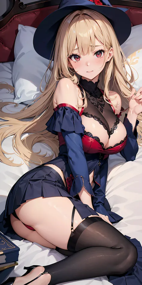 Adult Woman, Sexy Witch Cosplay, Long dark blonde wavy hair、off-shoulder knit, (darkblue pleated skirt), Medium milk, Blushing, Shy laughter, Bare shoulders、(Poses that emphasize breasts)、sexy hips、red lace brassiere、Red lace panties、Black High Heels、Luxur...