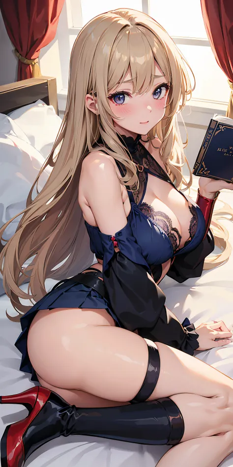 Adult Woman, Sexy Witch Cosplay, Long dark blonde wavy hair、off-shoulder knit, (darkblue pleated skirt), Medium milk, Blushing, Shy laughter, Bare shoulders、(Poses that emphasize breasts)、sexy hips、red lace brassiere、Red lace panties、Black High Heels、Luxur...