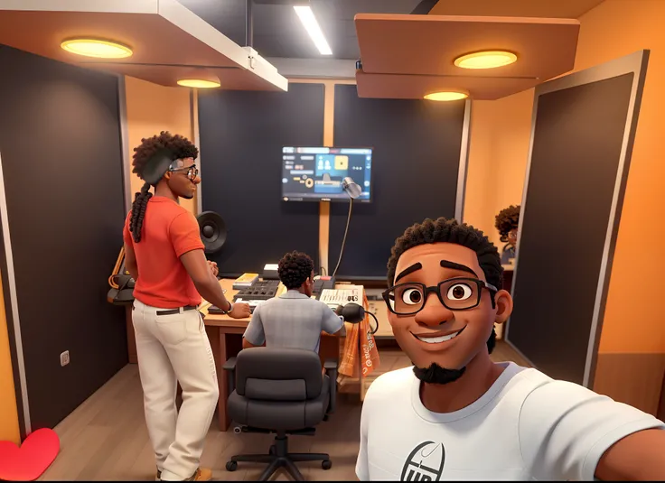 selfe no estudio de musica, jovem negro com oculoscomo priciapl, outro jovem paradovendo-se a parte de tras, produtor sentado sem cabelo, cabelo afro, igual aos filmes Disney Pixar