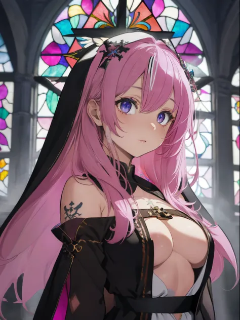 western church chapel,Lots of colorful stained glass,Light shines through stained glass, Creates a fantastic atmosphere inside the chapel.,fluffy hair,Gorgeous black and white two-tone hair,Eye color is pink, almost red,Monastic robe with wide open shoulde...