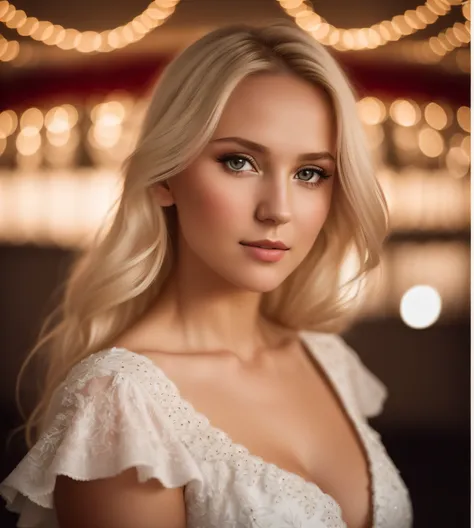 a close up of a woman with a white dress and lights in the background, yelena belova, anna nikonova aka newmilky, 60mm portrait, beautiful portrait lighting, 7 0 mm portrait, 🤤 girl portrait, 50mm portrait, high quality portrait, blonde swedish woman, beau...