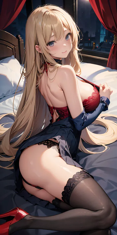 Adult Woman, Sexy Witch Cosplay, Long dark blonde wavy hair、off-shoulder knit, (darkblue pleated skirt), Medium milk, Blushing, Shy laughter, Bare shoulders、(Poses that emphasize breasts)、sexy hips、red lace brassiere、Red lace panties、Black High Heels、Luxur...