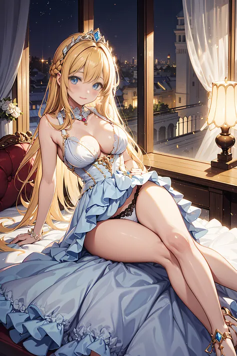 teens girl，Enchanted，divine，Being in love，Medium chest、Pose Seductive，(princess dress:1.2)，Dark-blonde hair，e Blue Eyes，maximalism，Multi-layered delicate frills，Lots of races，(Delicate pattern:1.1)，(exquisite costumes:1.1)，(Yellow-white tone)，Princess Crow...