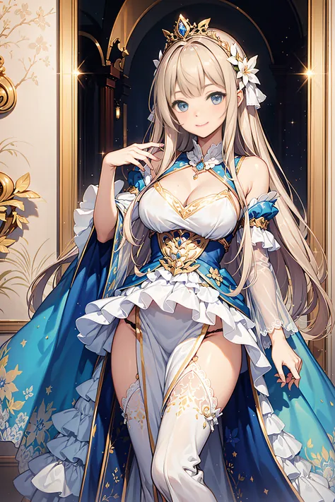 25-year-old female、Enchanting smile、Being in love，Medium chest、Pose Seductive，(brightly patterned princess dress:1.2)，Dark-blonde hair，e Blue Eyes，maximalism，Multi-layered delicate frills，Lots of races，(Delicate pattern:1.1)，(exquisite costumes:1.1)，(Yello...