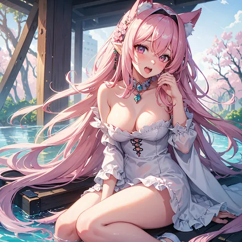 Furry, pink fur, White Sheer Off Shoulder Morning Dress, Sitting on the grass, Sakura forest background, Pupils with golden slit, Hair between the eyes, pink hair, Gradient hair, hair over shoulder, wet hair, Lustrous Hair, bell, Horns, forehead jewel, dra...