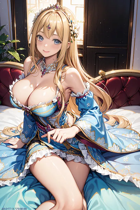 25-year-old female、Shy laughter、Kamimei、Medium chest、Pose Seductive，(brightly patterned princess dress:1.2)，Dark-blonde hair，e Blue Eyes，maximalism，Multi-layered delicate frills，Lots of races，(Delicate pattern:1.1)，(exquisite costumes:1.1)，(Yellow-white to...