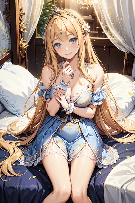 25-year-old female、Shy laughter、Kamimei、Medium chest、Pose Seductive，(brightly patterned princess dress:1.2)，Dark-blonde hair，e Blue Eyes，maximalism，Multi-layered delicate frills，Lots of races，(Delicate pattern:1.1)，(exquisite costumes:1.1)，(Yellow-white to...