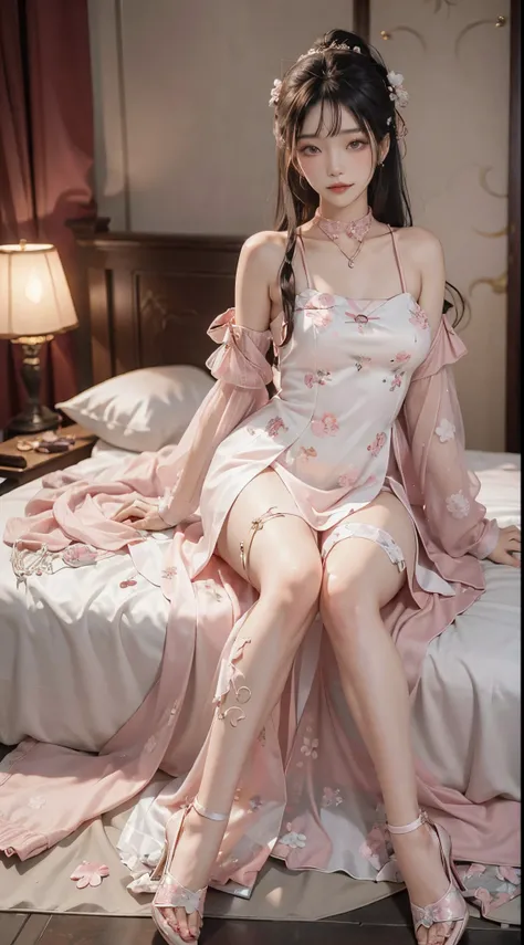 ((full body)), Chinese style, 22-year-old Asian model, Shy, ssmile, slim, Slimming the waist, hanfu, delicated face, ((Pink and white dress, Floral)), a pair of ggx heels, inside in room, Lie down in bed, posing elegantly, slender leg, Cross ed leg, Flirti...