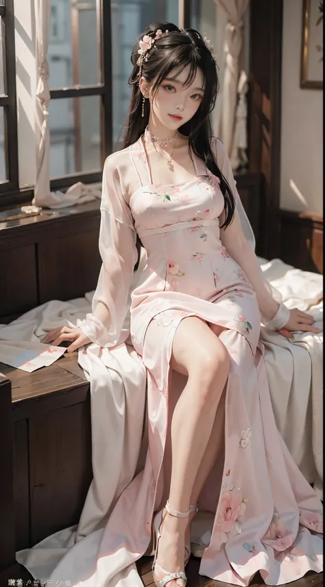 ((full body)), Chinese style, 22-year-old Asian model, Shy, ssmile, slim, Slimming the waist, hanfu, delicated face, ((Pink and white dress, Floral)), a pair of ggx heels, inside in room, Lie down in bed, posing elegantly, slender leg, Cross ed leg, Flirti...