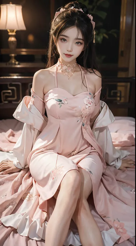 ((full body)), Chinese style, 22-year-old Asian model, Shy, ssmile, slim, Slimming the waist, hanfu, delicated face, ((Pink and white dress, Floral)), a pair of ggx heels, inside in room, Lie down in bed, posing elegantly, slender leg, Cross ed leg, Flirti...