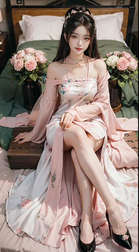 ((full body)), Chinese style, ancient chinese beauti, Young girl, Shy, ssmile, slim, Slimming the waist, hanfu, delicated face, ((Pink and white dress, Floral)), a pair of ggx heels, inside in room, Lie down in bed, posing elegantly, slender leg, Cross ed ...