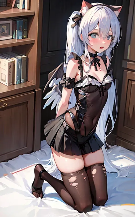 masterpiece,1girl,solo,cat ears,twintails, hair over one eye, demon_wings,small breasts, blue_eyes, blush,open mouth, low wings, torn legwear, (kneeling:1.3),bound arms, ((bondage)),shibari,rope,(arms behind back:1.4),indoors,