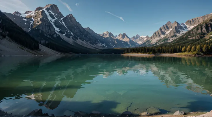 surreal background image of a lake and in a big mountain in the background.