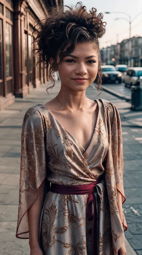 Generate a top-quality, 8K masterpiece photo of Zendaya with crisp focus, showcasing a beautiful woman with a perfect figure. Portray her in a slender frame with an elegant Textured Chignon hairstyle. Dress her in a Kara-inspired kimono, creating a realist...