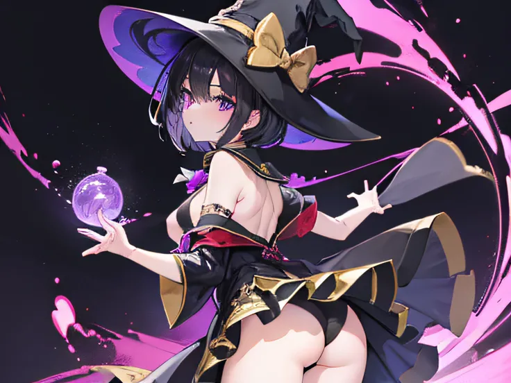 1girl, Loli girl, short hair, anime girl in a witch costume with a black hat and a purple cape, gods dress, gods ruffles, fashionable, black haired and dark eyes mage, anime Moe art style, flat chest, looking back, (((doggystyle))), arched back, from behin...