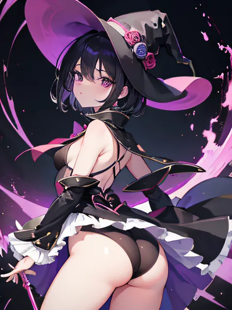 1girl, Loli girl, short hair, anime girl in a witch costume with a black hat and a purple cape, gods dress, gods ruffles, fashionable, black haired and dark eyes mage, anime Moe art style, flat chest, looking back, (((doggystyle))), arched back, from behin...