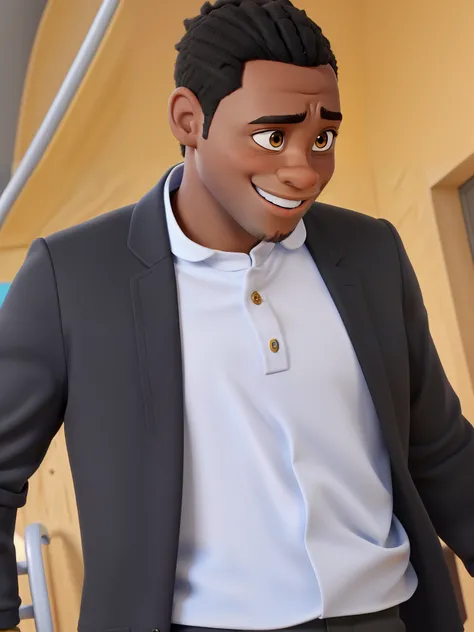 jovem negro de fato  olhando para baixo sorrindo , estilo capa Disney Pixar