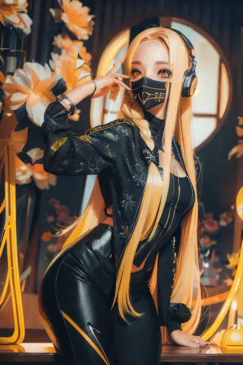 girl with long yellow hair, yellow eyes, futuristic vibes, mask on mouth, headphones, 8k, high quality, simple background, glowing eyes, nice pose