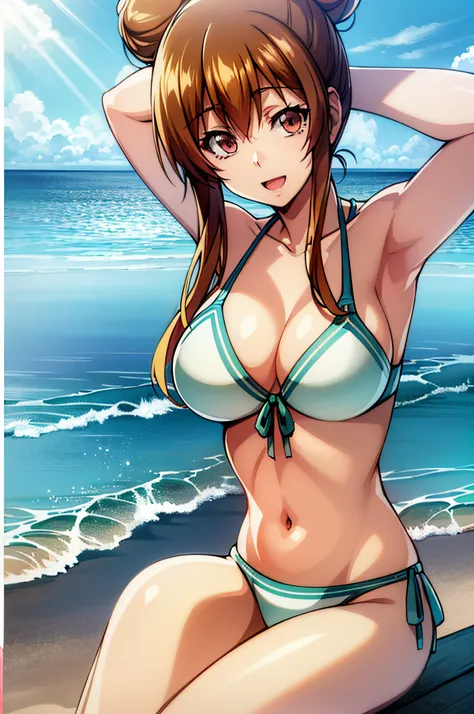 best quality, (masterpiece:1.2), highly detailed, ocean, beach, sun rays, 1girl, solo, kotegawa nanaka, looking at viewer, slight smile, open mouth, large breasts, brown eyes, brown hair, single hair bun, white bikini, front-tie top