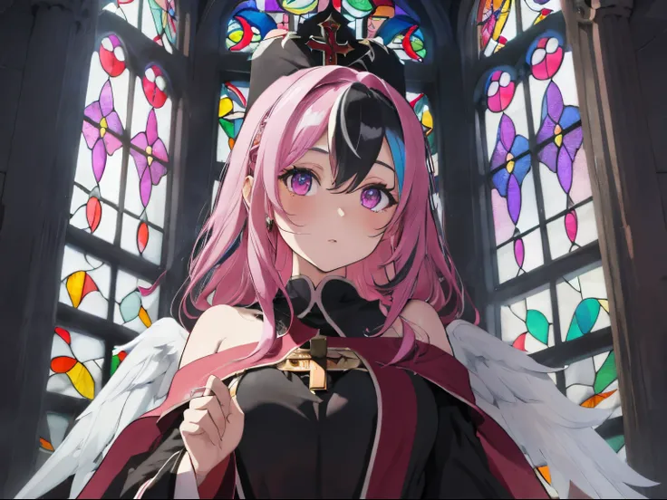 western church chapel,Lots of colorful stained glass,Light shines through stained glass, Creates a fantastic atmosphere inside the chapel.,fluffy hair,Gorgeous black and white two-tone hair,Eye color is pink, almost red,Monastic robe with wide open shoulde...