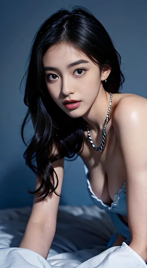 1Girl, 175cm,Korean model, 23 years old,smooth body, Black hair, Wavy hair,Whole body,wide pelvis, slim waist,((From head to legs)),Black Bracelet,Black Chain, White Tall Boots,large earring,close-up, 8K, Raw foto, Best Quality, Masterpiece,realisitic, Rea...