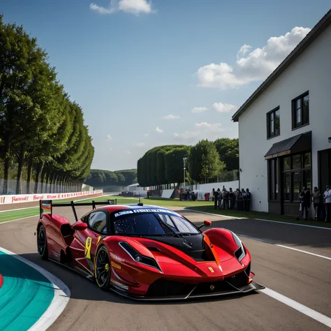 AutoStudio, (masterpiece, best quality, ultra-detailed), low angle, no humans, photo of a parked, "Around Quority(red Ferrari 499P |)le lemans hypercar,vehicle,car WEC,endurance race car,race car,race car with livery Cars race on the village circuit during...