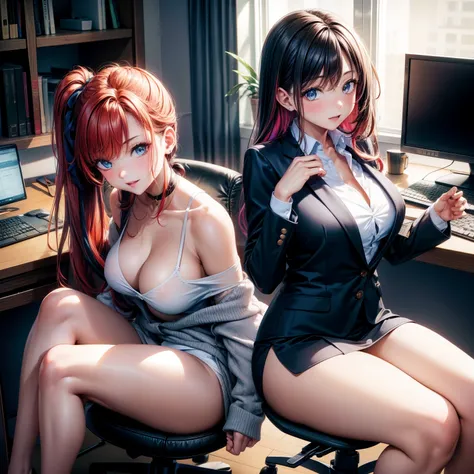 （8K ，hyper-detailing，ultra real photo，Best masterpiece，natural，Perfect artwork，Perfect female body），Two cute busty girls ，multicolored hair，（large tities），Brilliant and atmospheric office，office desk，Sofa chair，There is a computer on the table，notebooks，fi...