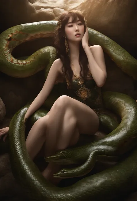 in the dungeon，Small space，Covered with snakes,  asian teen girl, crying expression, Snakes around the body, many snakes, Fine details，Tentacled，Tied with snakes，- vaginal shot，drooling，Crying，Detailed body，Full limbs，photo Raw, hyper HD, Anatomically corr...