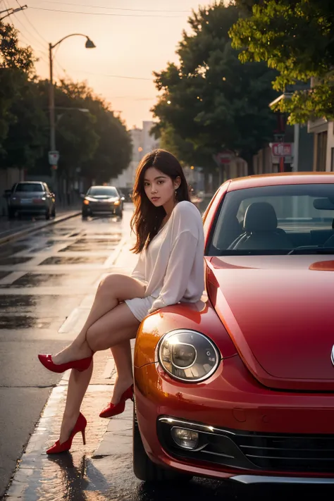 The prompt for the given theme "Summer evenings, It just rained, There is a red Volkswagen Beetle on the street, A girl is sitting in the driver seat" can be:

"A girl sitting in the driver seat of a bright red Volkswagen Beetle on the rain-kissed street, ...