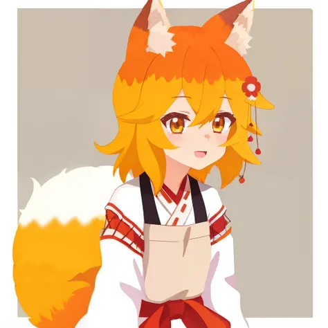 senko-san, animal ears, fox ears, fox girl, fox tail, hair flower, hair ornament, orange eyes, orange hair, short hair, tail, coloredic0n icon