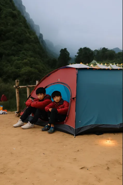 there are two boys sitting in a tent on the ground, in a colorful tent, camping, tent, teenager hangout spot, scenic full shot, tents, nostalgic 8k, he is at camp, moody setting, sha xi, at sunrise, laos, cute boys, by Ni Yuanlu, highly detaild, in a sceni...