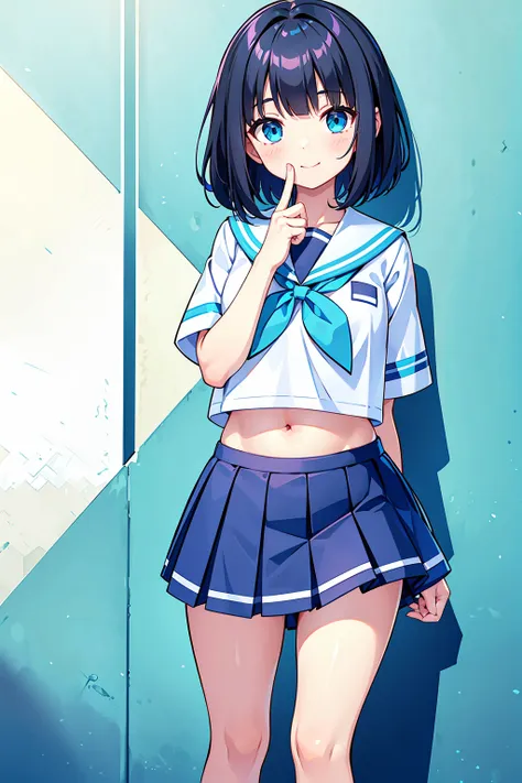 a preschool girl，18yr old，facing at the camera，ssmile，Bigchest，with short black hair，hair flowing，Turquoise blue eyes，Ultra short JK white school uniform，Transparent blue miniskirt，Expose the entire belly，facing at the camera，are standing，detailed finger，b...