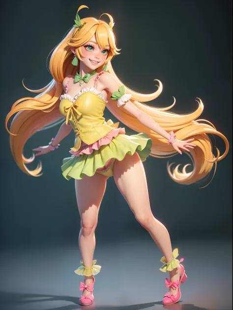 Master Parts, Best Quality, Render Jobs、。.。.3D Styles、。.。.3DMM,。.。.3D, 1girl in, Soio, yellow  hair, hitornfreckles, jewely, sideways Facing, Realistic, full length, Clear and simple background, yellow fringe, Skirt、looking at away, The long-haired, Separa...