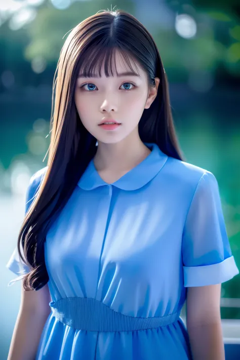 (((horizon blue world:1.3)))、Best Quality, masutepiece, High resolution, (((1girl in))), sixteen years old,(((ihorizon blue:1.3)))、horizon blue dress、((horizon blue shirt:1.3、horizon blue color block dress)), Tindall Effect, Realistic, Shadow Studio,Ultram...