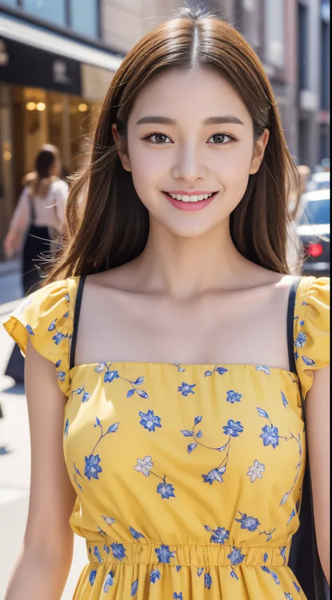 Walk the streets of the city,One lady、 Bandeau Dress, Wearing long gorgeous clothes, She is wearing a long yellow floral dress., shopping, In the city, highly detailed beautiful girl, Highly detailed face, Highly detailed eyes, highly detailedskin, extreme...